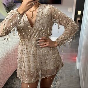 Gold, long sleeve romper, V-neck  size XS